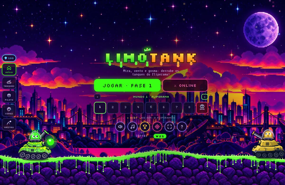 Tela inicial do LimoTank: a marca em cima da cidade de neon, o Mundo 1 e as nove fases dele, com os dois tanques no chão